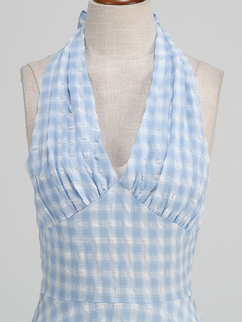 アクアティックドレス チェック柄 ホルターネック バックレス プリーツ レトロ グラマー ミディドレス