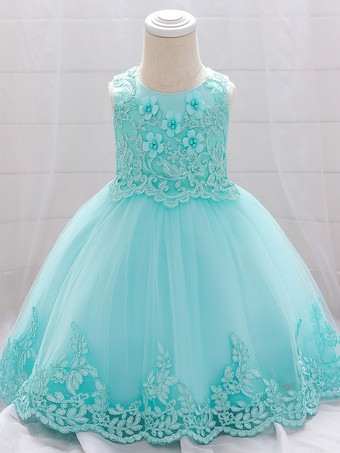 ティールホワイトフラワーガールドレス 特別な日のドレス シャンパンレース ノースリーブ ジュエルネック フラワーガールドレス