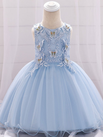 ベビーブルーホワイトフラワーガールドレス 特別な日のドレス カメオピンクレース ノースリーブ ジュエルネック フラワーガールドレス