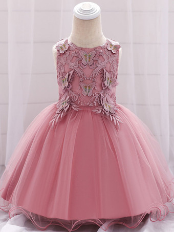 カメオピンクホワイトフラワーガールドレス 特別な日のドレス カメオピンクレース ノースリーブ ジュエルネック フラワーガールドレス