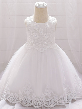 ホワイト 白いフラワーガールドレス 特別な日のためのドレス ホワイトレース ノースリーブ ジュエルネック フラワーガールドレス