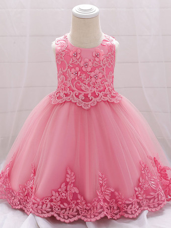 カメオピンク白いフラワーガールドレス 特別な日のためのドレス ホワイトレース ノースリーブ ジュエルネック フラワーガールドレス