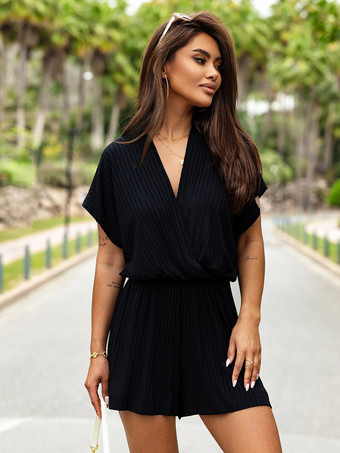 ブラック ホワイト Vネック 半袖 プリーツ ポリエステル ワイド サマー ワンピース