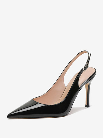 ブラック レディース ドレスヒール ポインテッドトゥ スティレットヒール スリングバック パンプス
