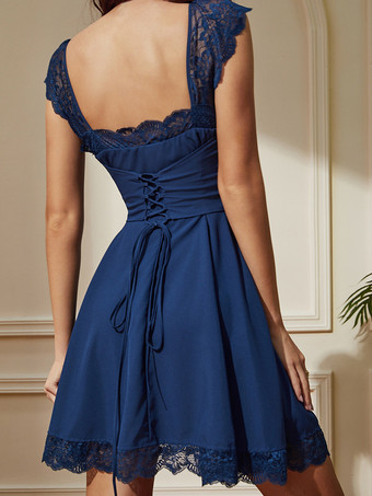 サマードレス ミニドレス ロイヤルブルー スクエアネック レース ポリエステル ビーチドレス