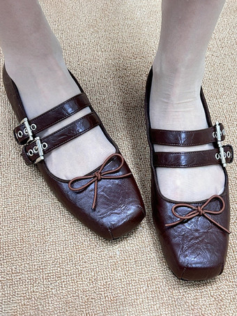 Ballerines pour femmes Suqare Toe Bow Buckle Détail Ballerines