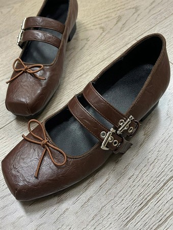 Ballerines pour femmes Suqare Toe Bow Buckle Détail Ballerines