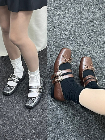 Ballerines pour femmes Suqare Toe Bow Buckle Détail Ballerines