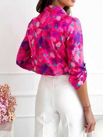 レディースシャツ ブルー 花柄 ターンダウンカラー シック 長袖 ポリエステル トップス