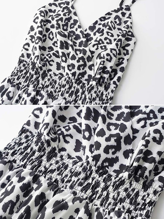 サマードレス Vネック ヒョウ柄 プリーツ カーキ ロングビーチドレス