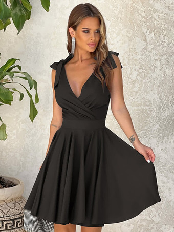 ブラック サマードレス ミニドレス ローズ Vネック レースアップ ポリエステル ビーチドレス