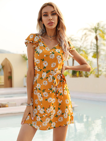 花柄ドレス ミニドレス ドレス 花柄 サッシュ Vネック 半袖 縫い目なし カジュアル 夏 ショート