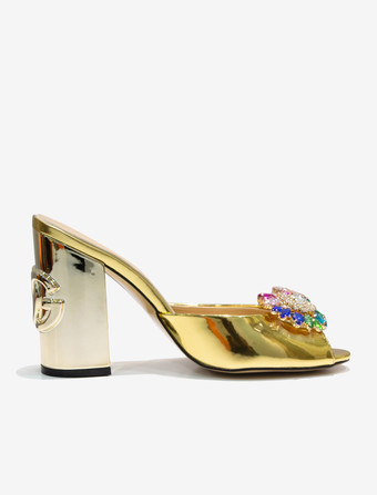 Women's Slide Sandals Chic Crystal PU Leather Round Toe Special-Shaped Heel Slippers