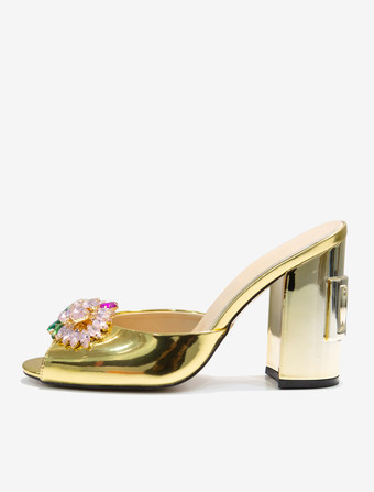 Women's Slide Sandals Chic Crystal PU Leather Round Toe Special-Shaped Heel Slippers