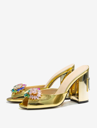 GoldWomen's Slide Sandals Chic Crystal PU Leather Round Toe Special-Shaped Heel Slippers