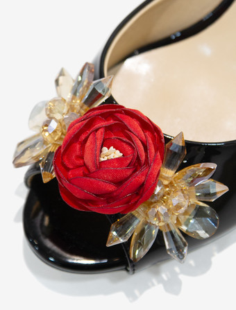 レディース クリスタル ラウンドトゥ PUレザー スライドサンダル 特殊形状ヒール ブラック