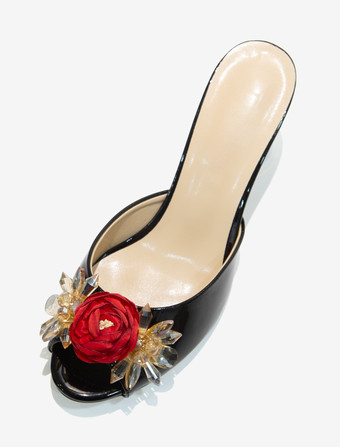 レディース クリスタル ラウンドトゥ PUレザー スライドサンダル 特殊形状ヒール ブラック