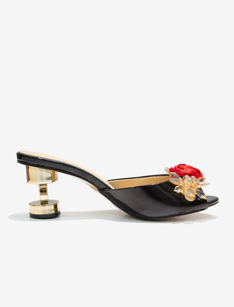 レディース クリスタル ラウンドトゥ PUレザー スライドサンダル 特殊形状ヒール ブラック