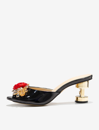 レディース クリスタル ラウンドトゥ PUレザー スライドサンダル 特殊形状ヒール ブラック