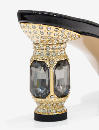 レディース クリスタル ラウンドトゥ PUレザー スライドサンダル 特殊形状ヒール ブラック