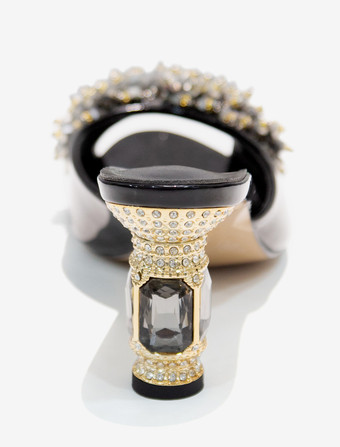 レディース クリスタル ラウンドトゥ PUレザー スライドサンダル 特殊形状ヒール ブラック