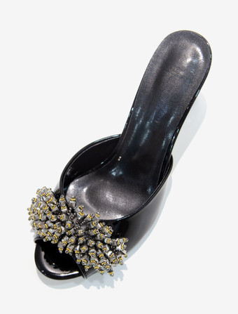 レディース クリスタル ラウンドトゥ PUレザー スライドサンダル 特殊形状ヒール ブラック