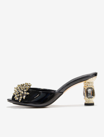 レディース クリスタル ラウンドトゥ PUレザー スライドサンダル 特殊形状ヒール ブラック