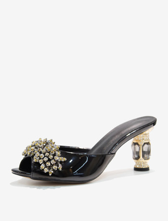 レディース クリスタル ラウンドトゥ PUレザー スライドサンダル 特殊形状ヒール ブラック