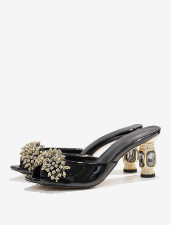 ブラック レディース クリスタル ラウンドトゥ PUレザー スライドサンダル 特殊形状ヒール ブラック