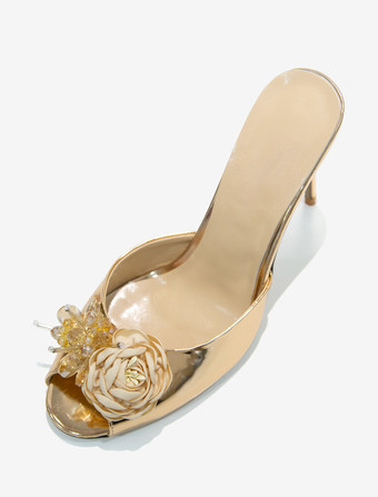 Women's Slide Sandals Classic Crystal PU Leather Round Toe Stiletto Heel Slippers