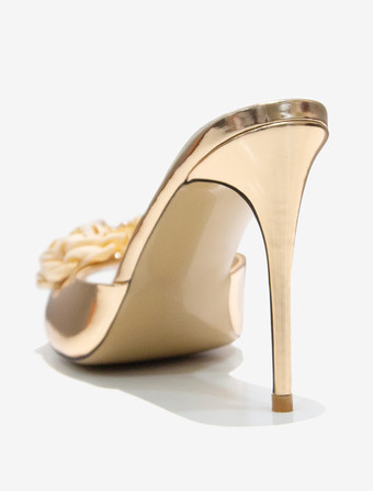 Women's Slide Sandals Classic Crystal PU Leather Round Toe Stiletto Heel Slippers