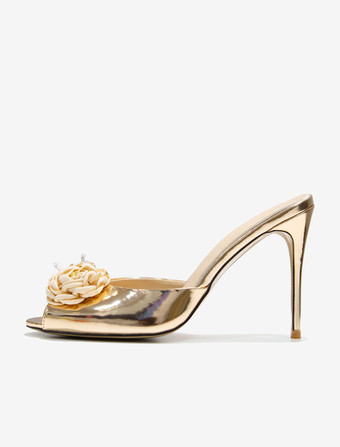 Women's Slide Sandals Classic Crystal PU Leather Round Toe Stiletto Heel Slippers