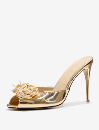 Women's Slide Sandals Classic Crystal PU Leather Round Toe Stiletto Heel Slippers