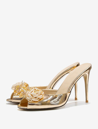 Champagne Women's Slide Sandals Classic Crystal PU Leather Round Toe Stiletto Heel Slippers