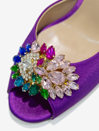 レディース クリスタル ラウンドトゥ シルク&サテン スライドサンダル スティレットヒール パープル