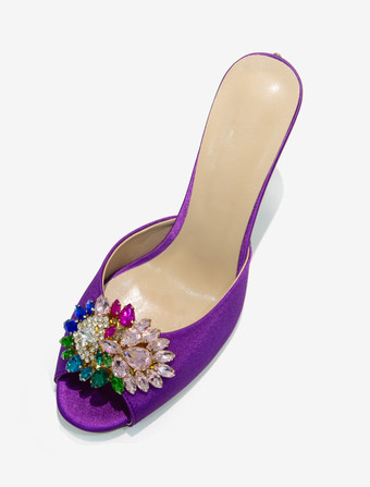 レディース クリスタル ラウンドトゥ シルク&サテン スライドサンダル スティレットヒール パープル