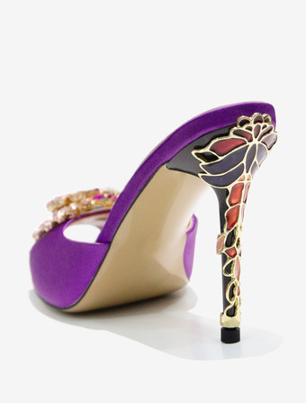 レディース クリスタル ラウンドトゥ シルク&サテン スライドサンダル スティレットヒール パープル