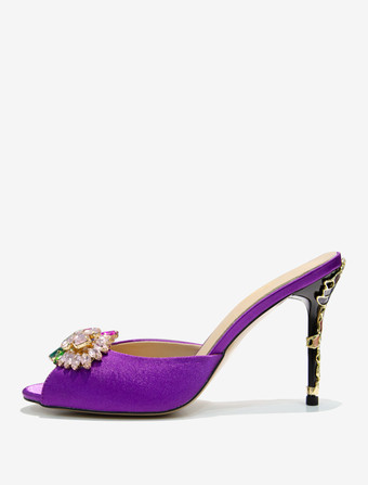 レディース クリスタル ラウンドトゥ シルク&サテン スライドサンダル スティレットヒール パープル
