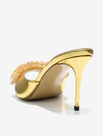 レディース クリスタル ラウンドトゥ PUレザー スライドサンダル スティレットヒール ゴールド