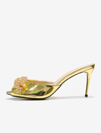 レディース クリスタル ラウンドトゥ PUレザー スライドサンダル スティレットヒール ゴールド