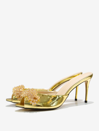 ゴールド レディース クリスタル ラウンドトゥ PUレザー スライドサンダル スティレットヒール ゴールド