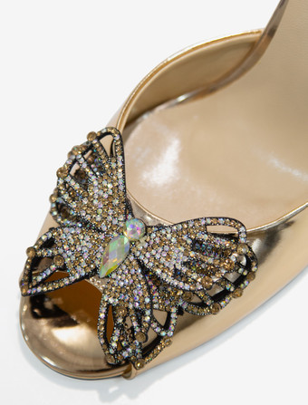 レディース バタフライ ラウンドトゥ PUレザー スライドサンダル スティレットヒール シャンパン