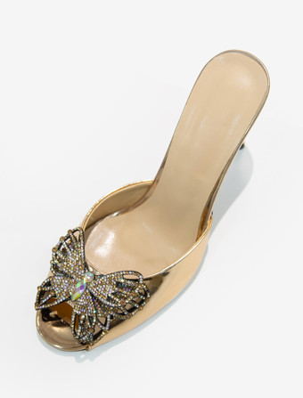 レディース バタフライ ラウンドトゥ PUレザー スライドサンダル スティレットヒール シャンパン