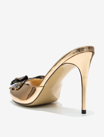 レディース バタフライ ラウンドトゥ PUレザー スライドサンダル スティレットヒール シャンパン