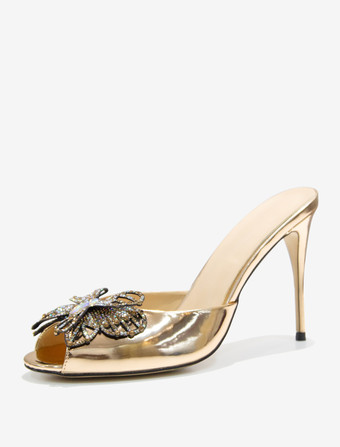 レディース バタフライ ラウンドトゥ PUレザー スライドサンダル スティレットヒール シャンパン