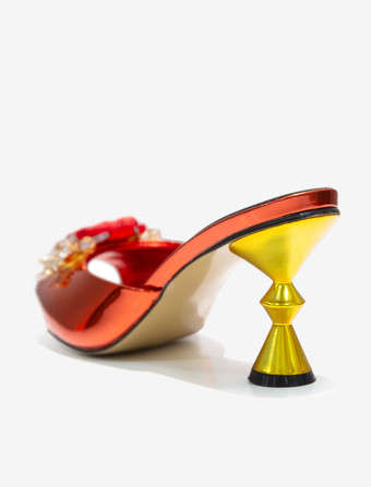 レディース フラワー ラウンドトゥ PUレザー スライドサンダル 特殊形状ヒール レッド