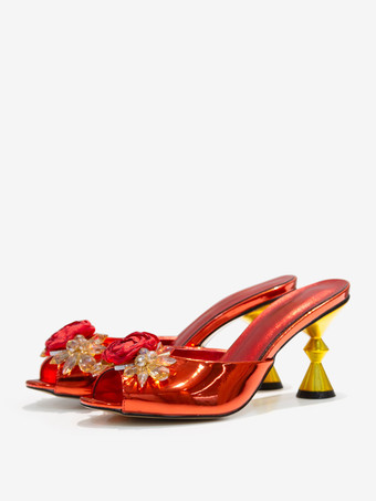 レディース フラワー ラウンドトゥ PUレザー スライドサンダル 特殊形状ヒール レッド