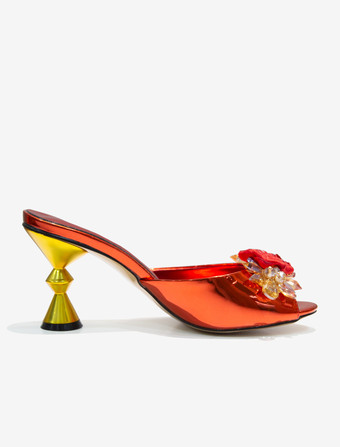 レディース フラワー ラウンドトゥ PUレザー スライドサンダル 特殊形状ヒール レッド