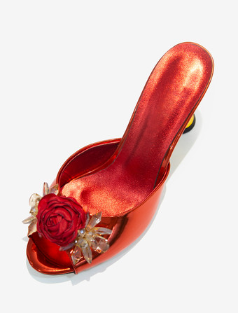 レディース フラワー ラウンドトゥ PUレザー スライドサンダル 特殊形状ヒール レッド