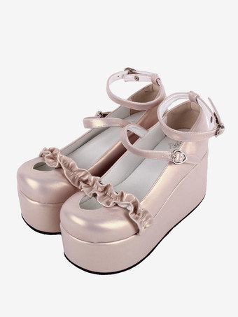 肌色スイートロリータフットウェアヌードハート柄バタフライラウンドトゥPUレザーロリータシューズ